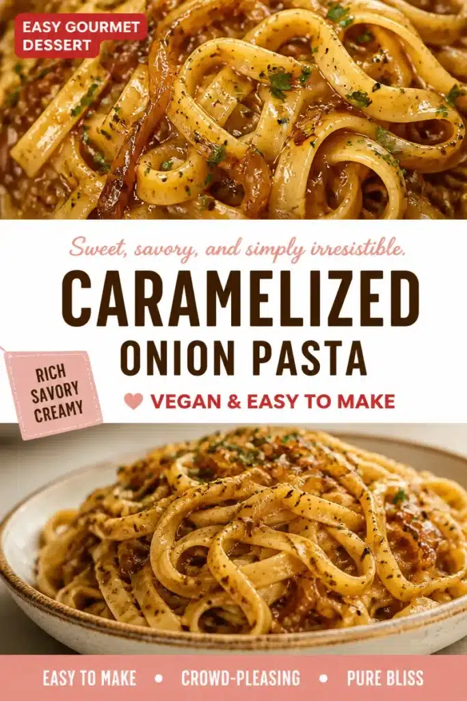 Plate of pasta topped with caramelized onions and garnished with herbs