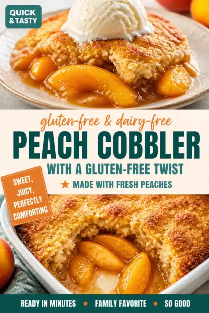 Gluten-free peach cobbler baked to perfection with fresh peaches and a crumbly topping