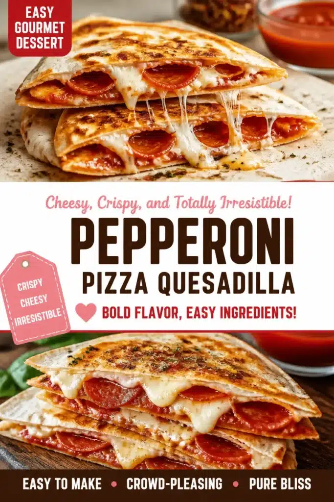 Pepperoni pizza quesadilla served on a plate with melted cheese and toppings.