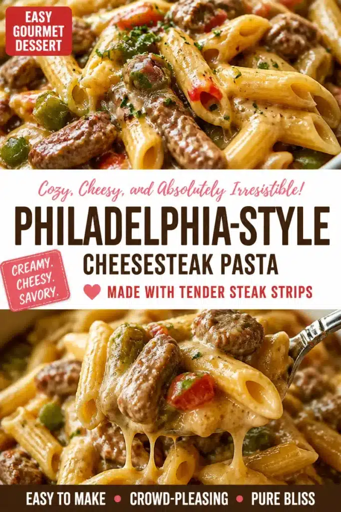 Delicious Philadelphia-Style cheesesteak pasta served on a plate