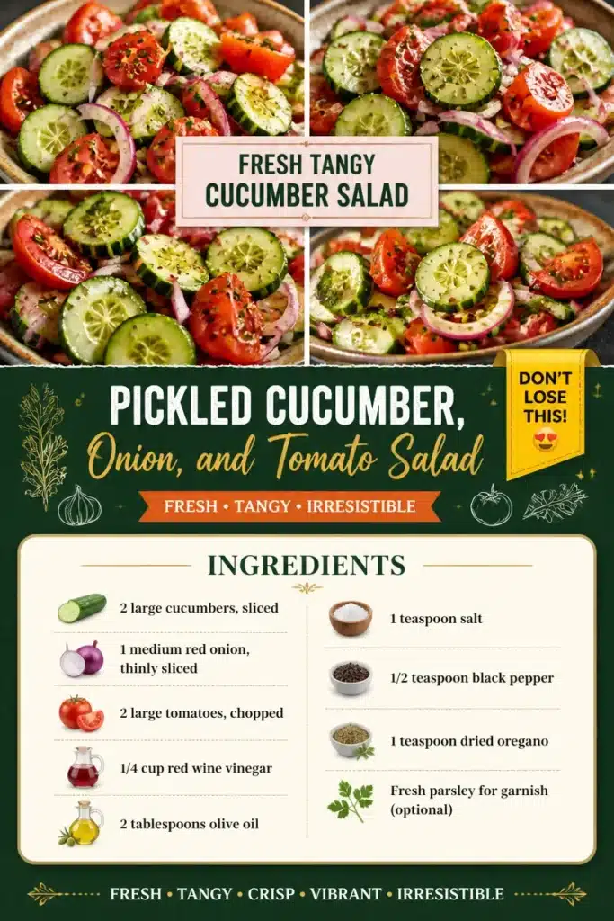 Pickled cucumber, onion, and tomato salad in a bowl