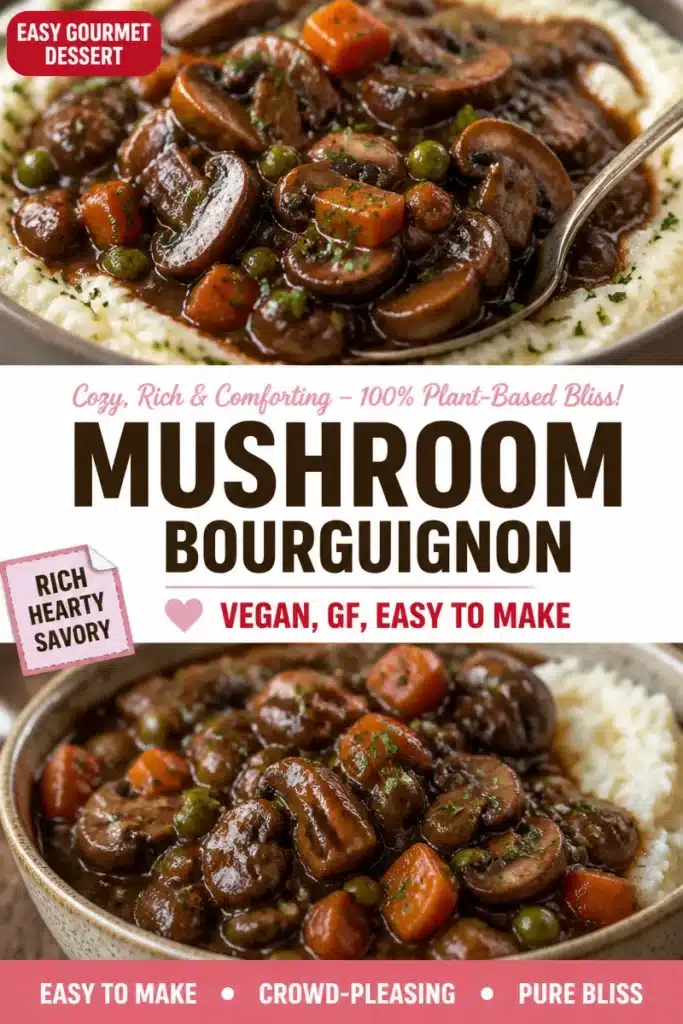 Plant-based mushroom bourguignon served in a bowl with fresh herbs