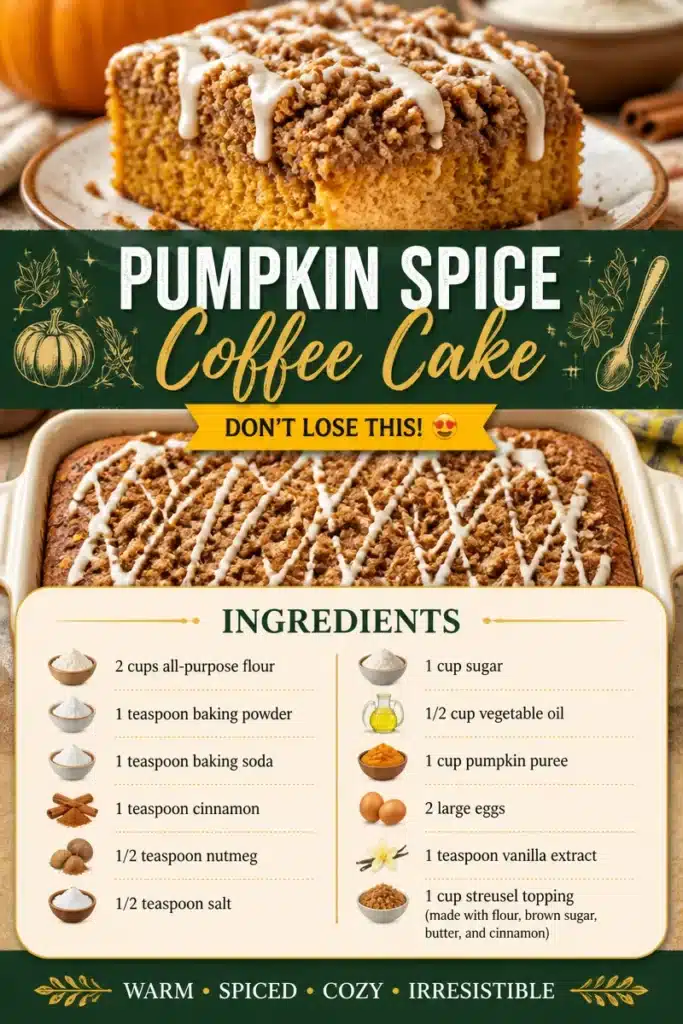 Delicious slice of pumpkin spice coffee cake topped with a sprinkle of cinnamon