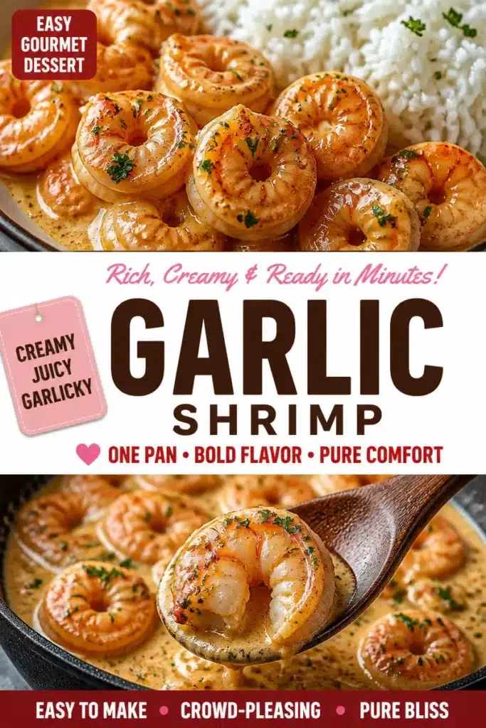 Delicious creamy garlic shrimp served on a plate with herbs and spices