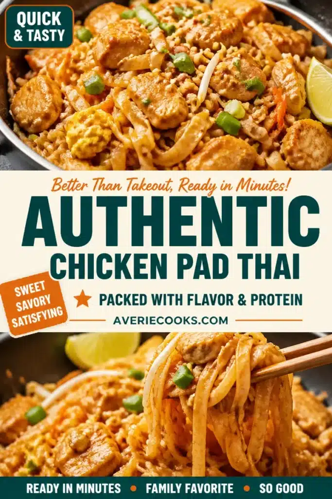 Plate of quick Chicken Pad Thai with fresh vegetables and peanuts