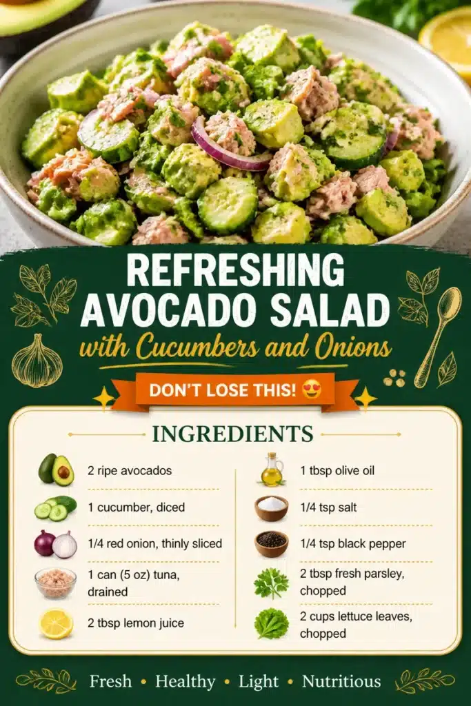 Refreshing avocado salad with cucumbers and onions in a bowl