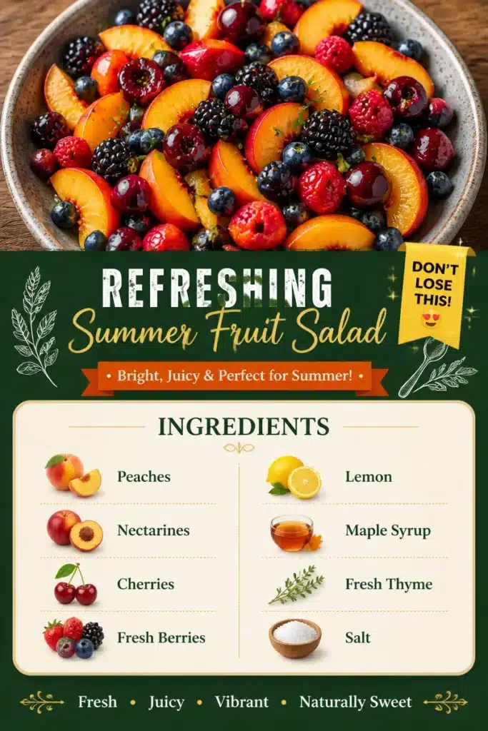 Bowl of refreshing summer fruit salad with various colorful fruits