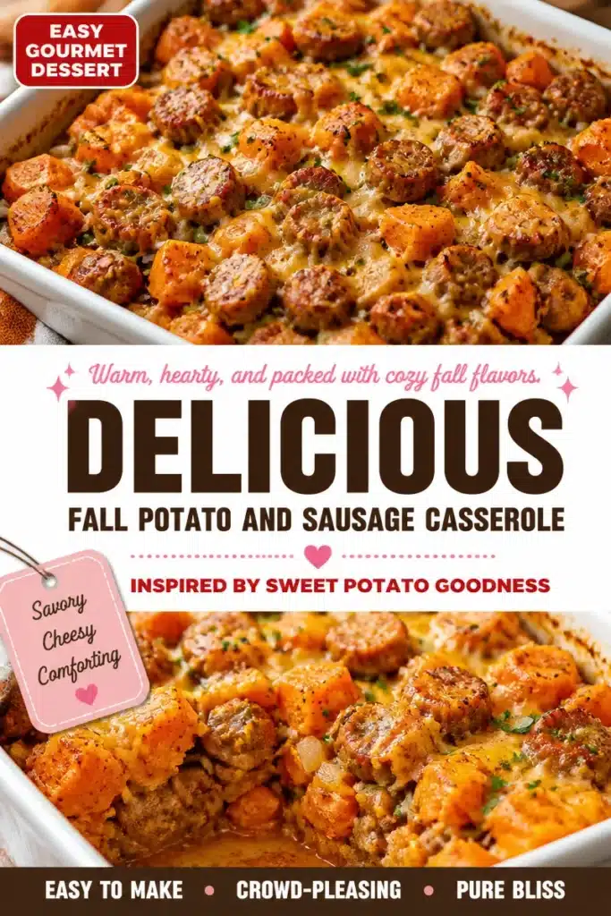 Roasted sweet potato and sausage casserole topped with herbs and spices