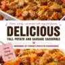 Roasted sweet potato and sausage casserole topped with herbs and spices