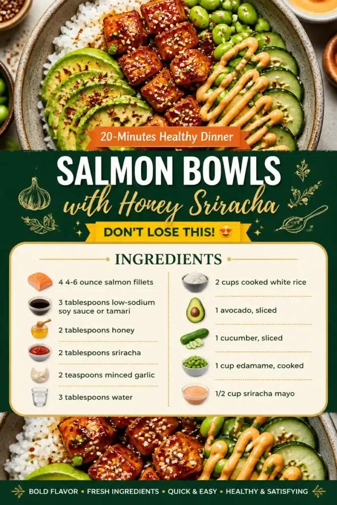 Delicious salmon bowls topped with honey sriracha sauce, garnished with fresh vegetables