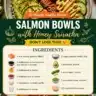Delicious salmon bowls topped with honey sriracha sauce, garnished with fresh vegetables