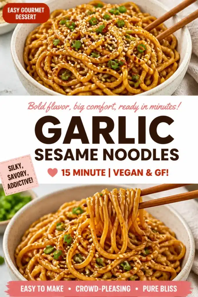 Delicious bowl of Sesame Garlic Noodles garnished with sesame seeds and herbs