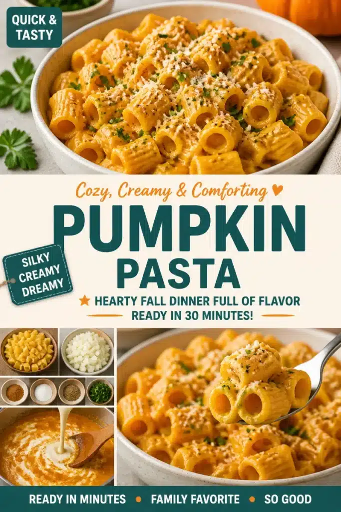 Bowl of silky creamed pumpkin pasta topped with herbs and cheese