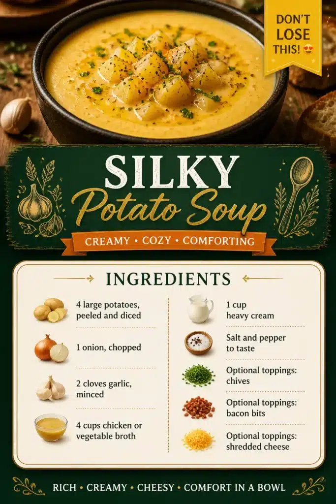 Bowl of silky potato soup garnished with herbs and cream