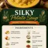 Bowl of silky potato soup garnished with herbs and cream