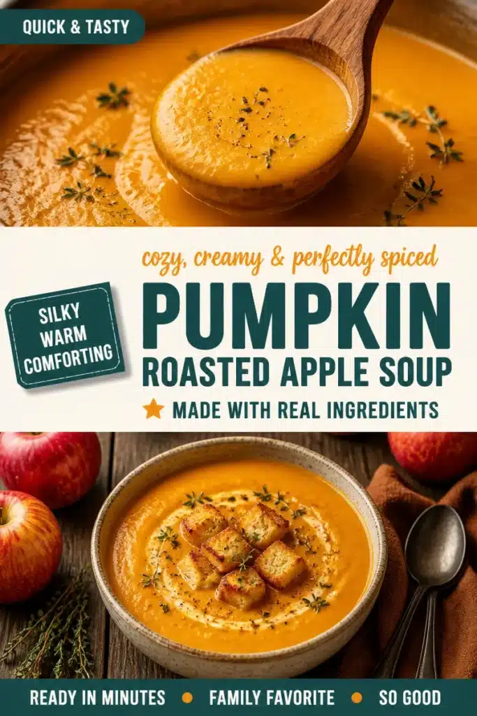 Bowl of silky roasted apple pumpkin soup garnished with fresh herbs