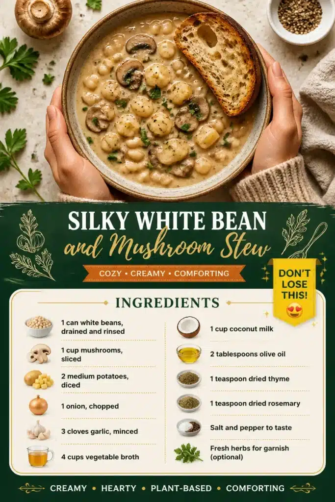 Silky White Bean and Mushroom Stew in a bowl garnished with herbs