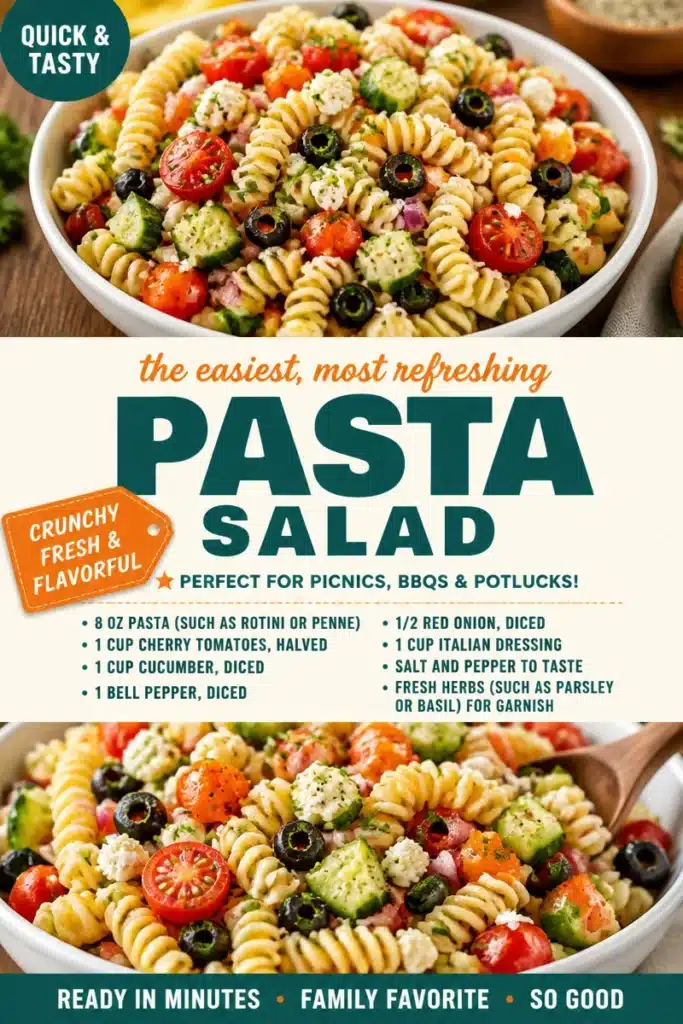 Bowl of simple pasta salad with colorful vegetables and dressing