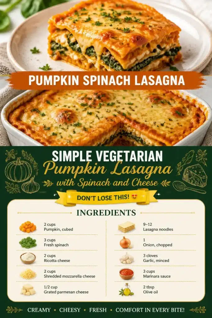 Baked vegetarian pumpkin lasagna with spinach and cheese layers