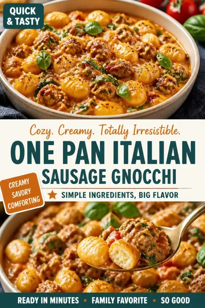 Skillet Italian Sausage Gnocchi served in a pan with fresh herbs and sauce