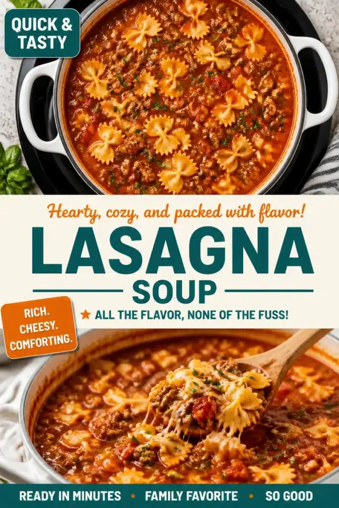 A bowl of skillet lasagna soup with cheese and basil garnished on top
