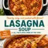 A bowl of skillet lasagna soup with cheese and basil garnished on top