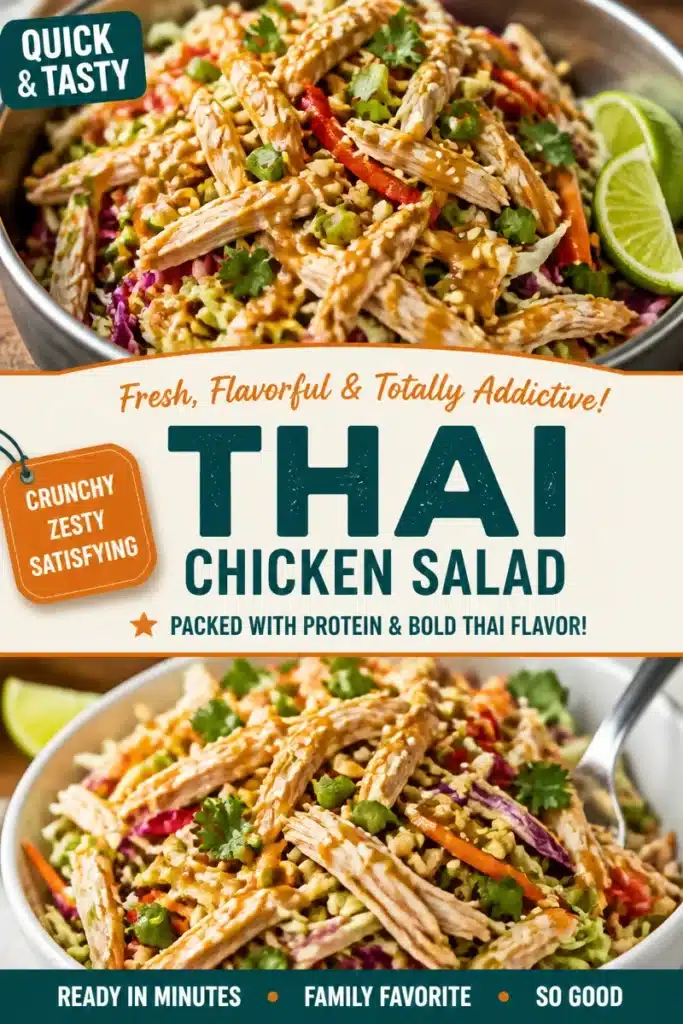 Bowl of Thai-inspired chicken salad with vibrant vegetables and dressing