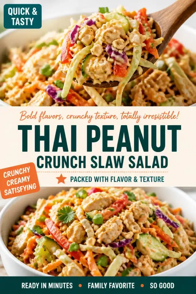 Thai Peanut Chicken Crunch Slaw Salad with vibrant veggies and peanut dressing