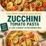Plate of Tomato Zucchini Pasta with fresh herbs and grated cheese