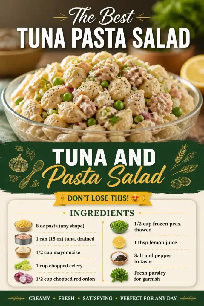Delicious Tuna Pasta Salad served in a bowl garnished with fresh herbs