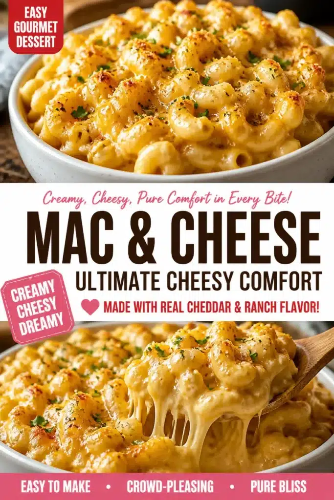 Bowl of ultimate cheesy comfort mac and cheese topped with breadcrumbs
