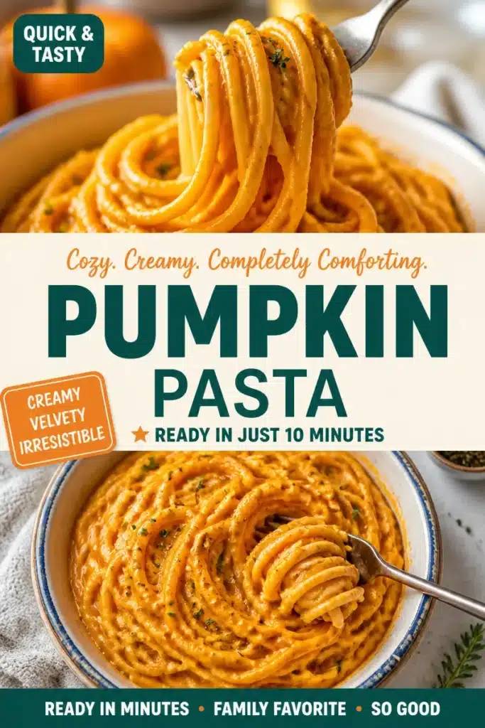 A bowl of creamy vegan pumpkin pasta garnished with herbs