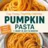 A bowl of creamy vegan pumpkin pasta garnished with herbs