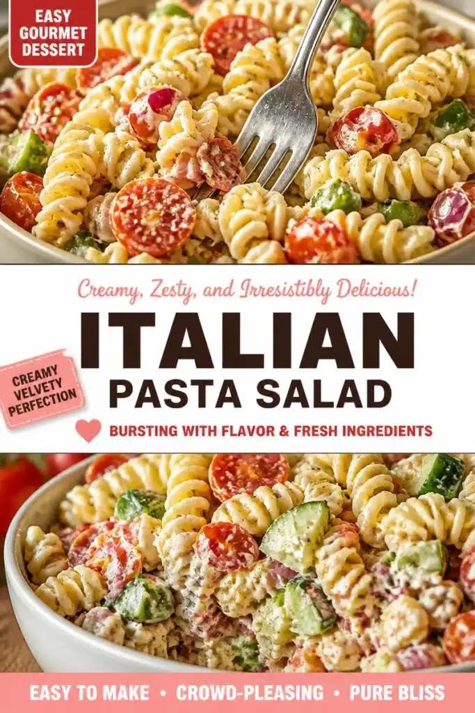 Delicious velvety Italian pasta salad with fresh veggies and dressing