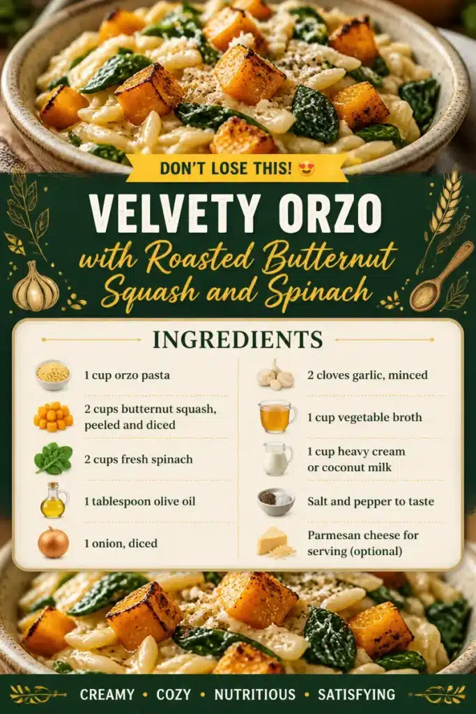 Velvety orzo with roasted butternut squash and spinach in a bowl