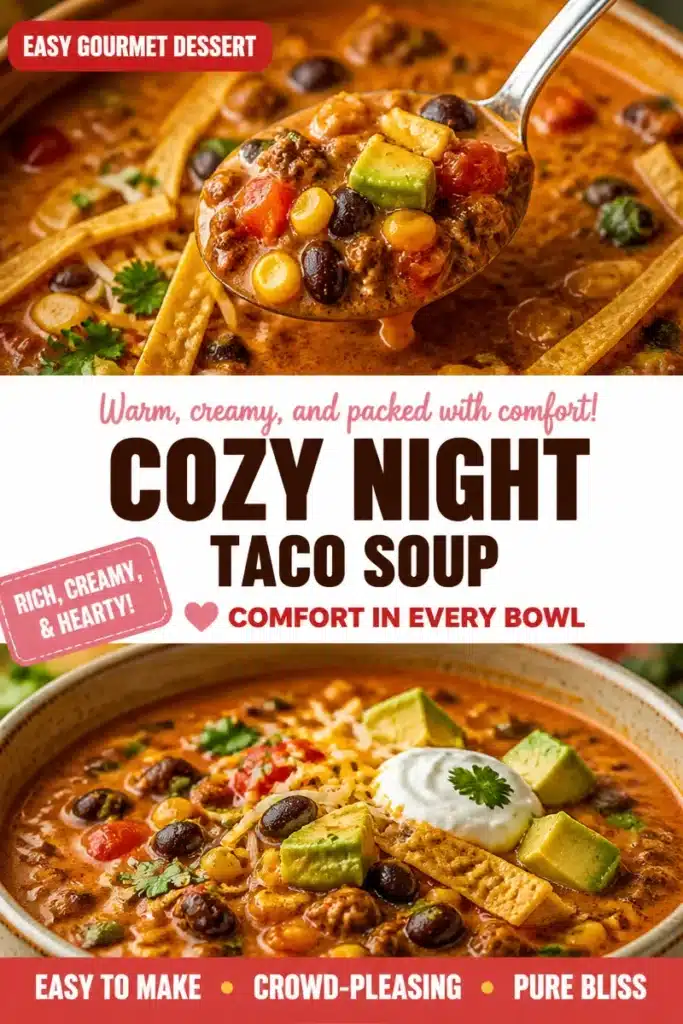 Delicious velvety taco soup served in a bowl, topped with fresh garnishes.