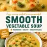 Bowl of velvety vegetable soup garnished with fresh herbs.