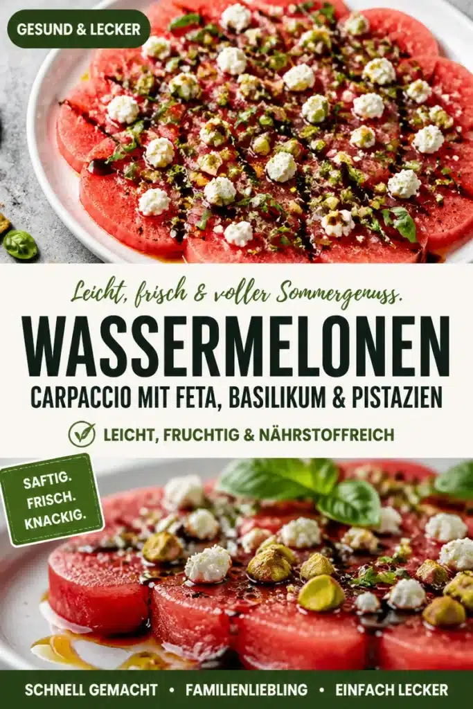 Watermelon Carpaccio garnished with feta cheese, fresh basil, and crushed pistachios