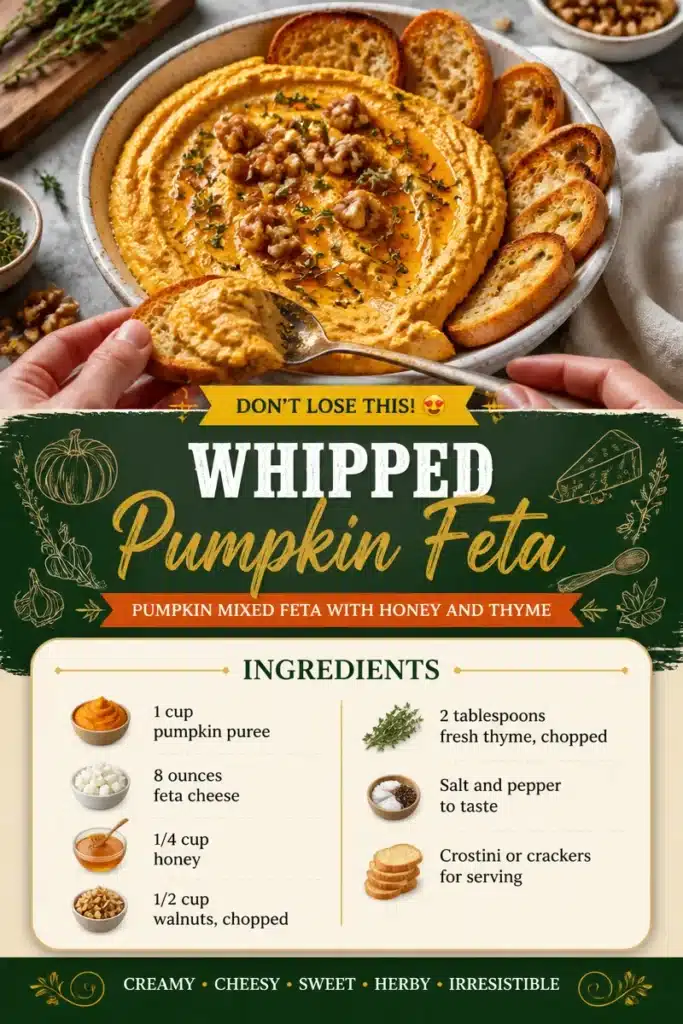 Whipped pumpkin feta spread in a rustic bowl with herbs