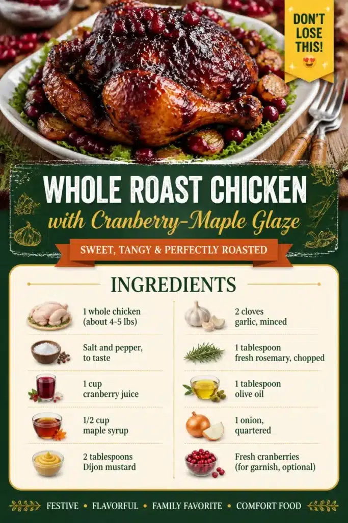 Whole roast chicken glazed with cranberry-maple sauce on a serving platter