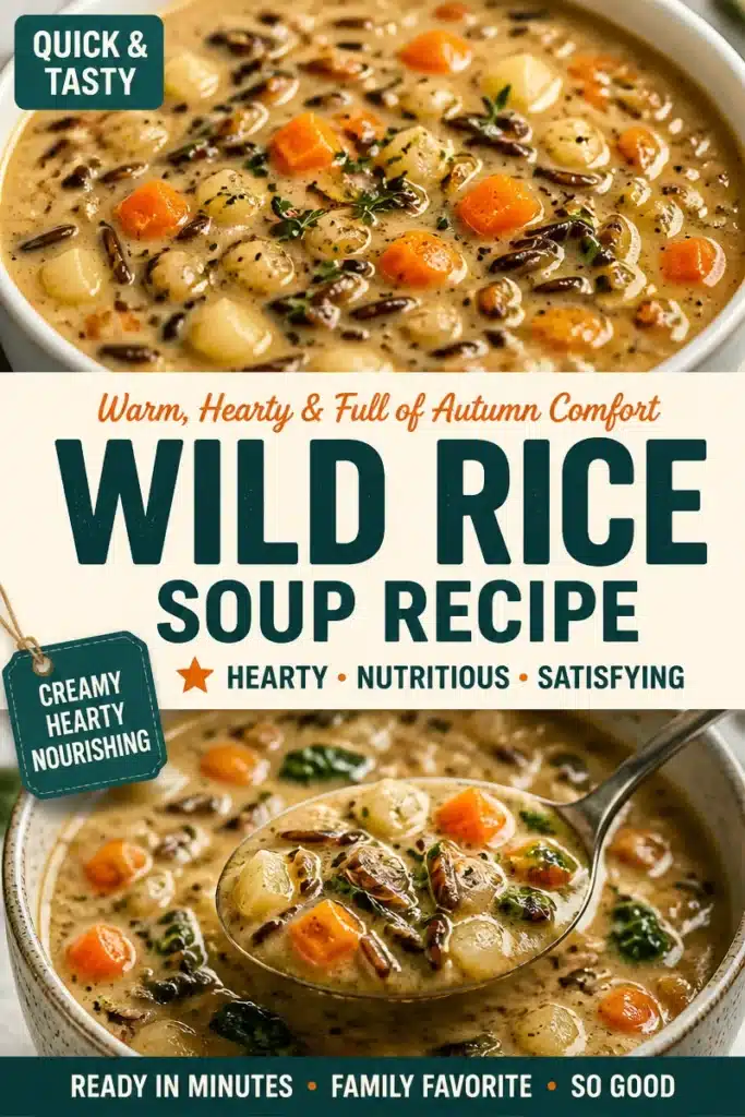Bowl of homemade wild rice soup garnished with herbs and vegetables