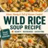 Bowl of homemade wild rice soup garnished with herbs and vegetables