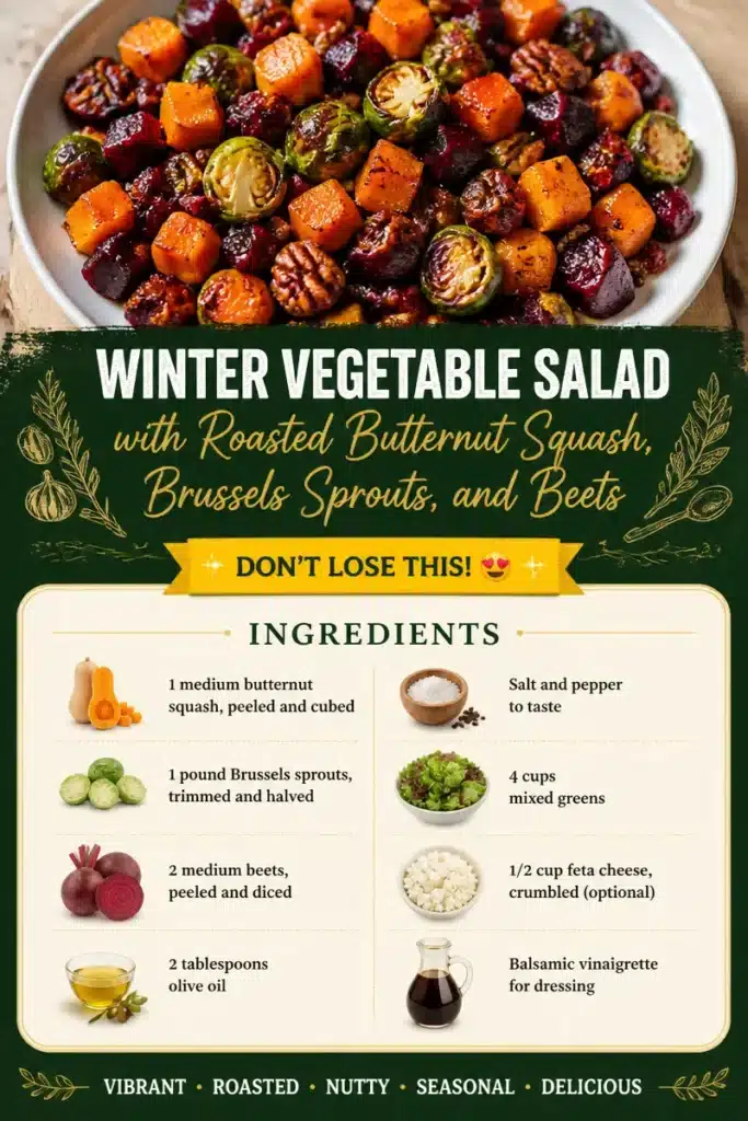 Winter Vegetable Salad with roasted butternut squash, Brussels sprouts, and beets