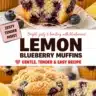 Freshly baked zesty lemon blueberry muffins on a cooling rack.