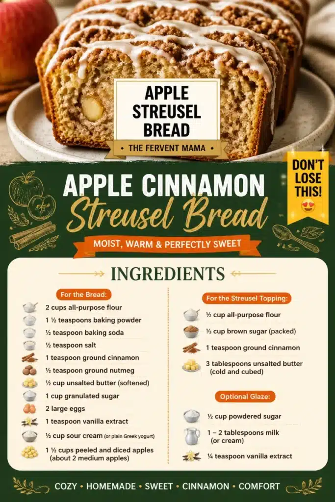Sliced Apple Cinnamon Streusel Bread topped with a crumbly cinnamon streusel