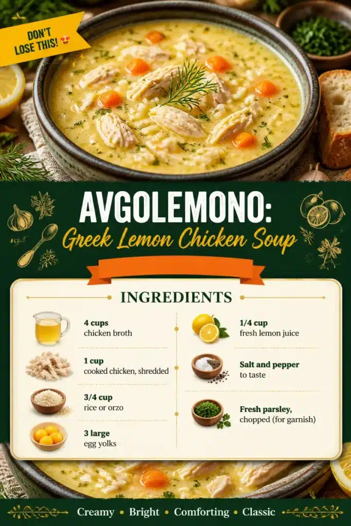Bowl of Avgolemono, traditional Greek Lemon Chicken Soup with fresh herbs.
