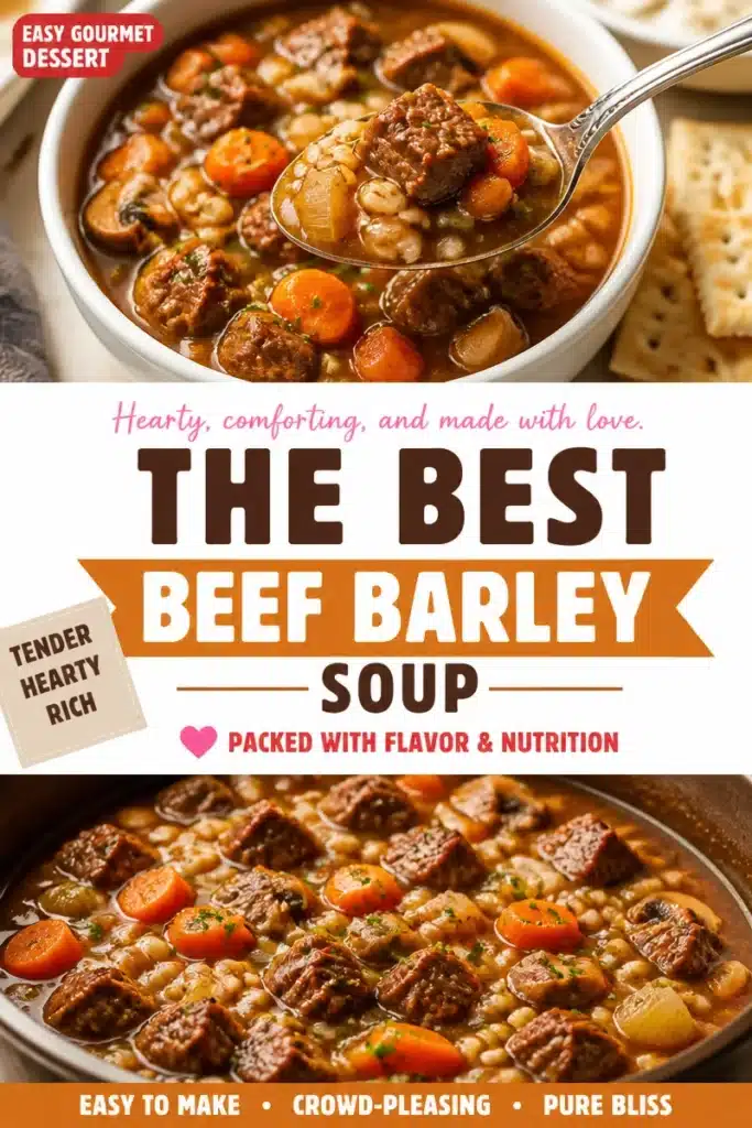 Bowl of delicious Beef and Barley Soup garnished with fresh herbs