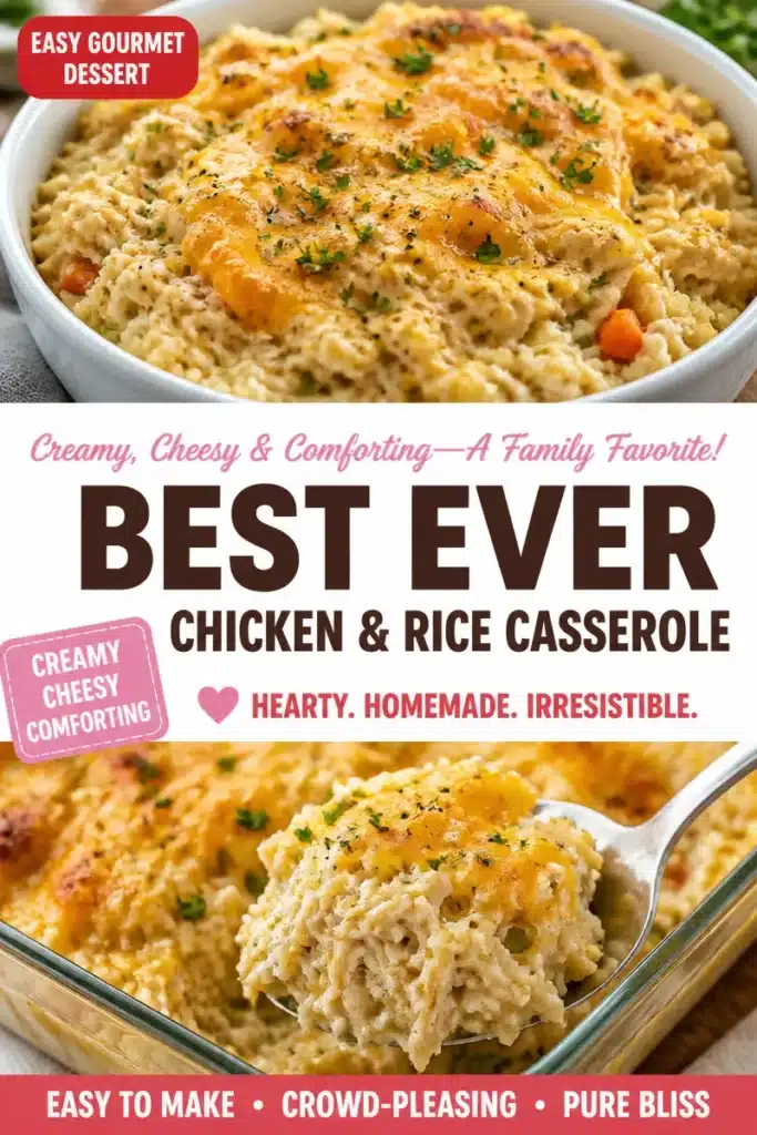 Delicious chicken rice casserole served in a baking dish with herbs and spices