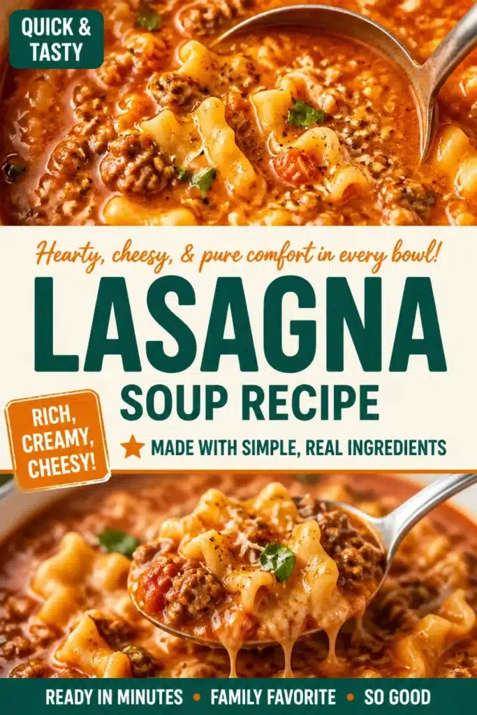 A comforting bowl of homemade lasagna soup topped with cheese and herbs.