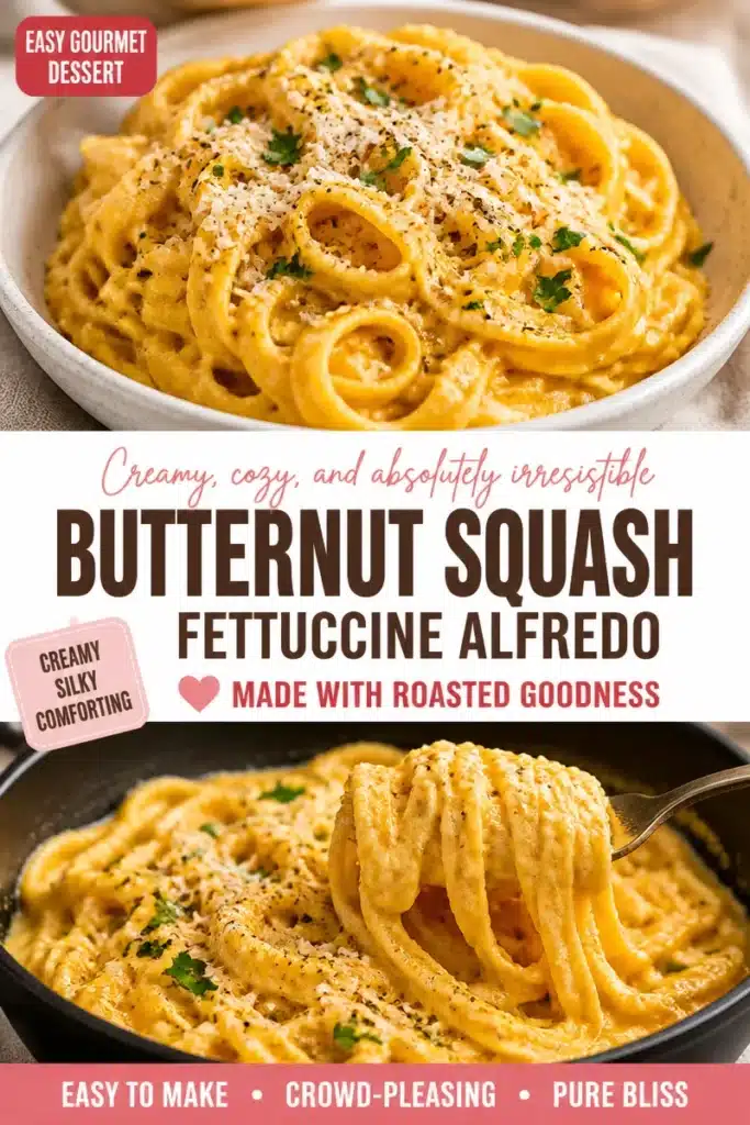 Delicious Butternut Squash Fettuccine Alfredo served with herbs and parmesan